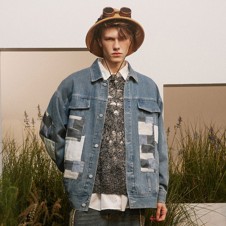 Color Block Patches Denim Jacket     - VONVEX