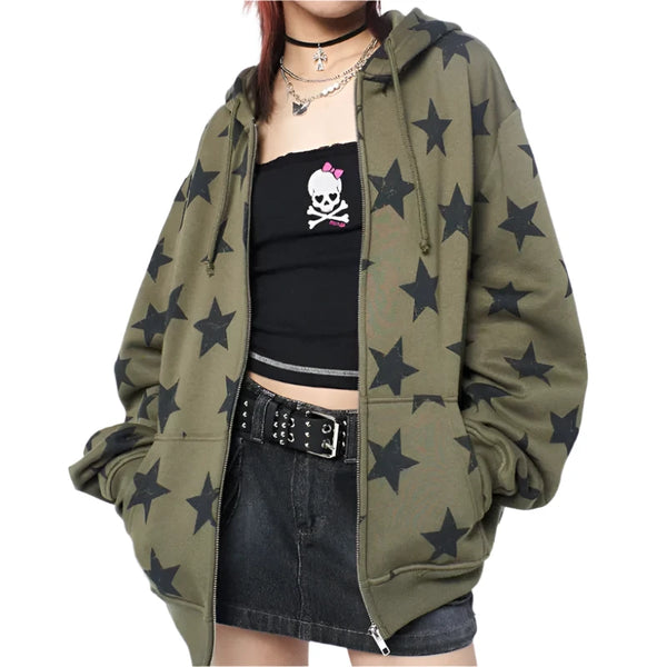 Y2K Star-Print Oversized Hoodie  Green S  - VONVEX