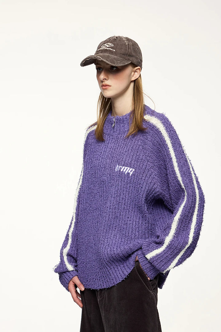 Y2K Contrast Stripe Quarter Zip Up Sweater - VONVEX