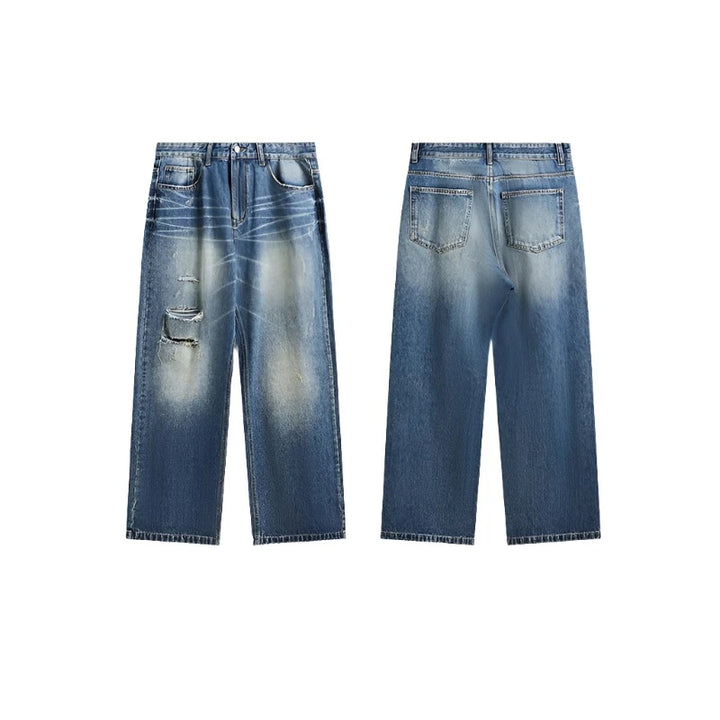 Retro Ripped Wide Leg Blue Denim Pant     - VONVEX