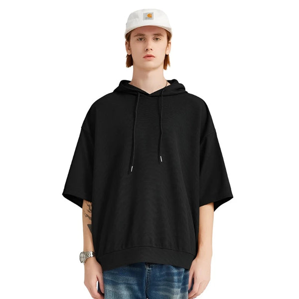 Soft Touch Waffle Hooded Oversized T-Shirt  Black XL  - VONVEX