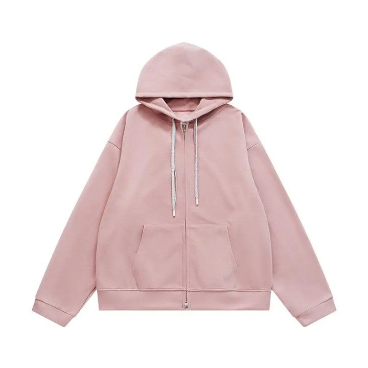 Double Zip Up Oversized Hoodies Jacket  Grey pink L  - VONVEX