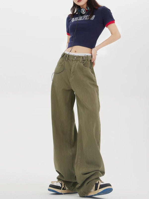 Baggy Olive Green Wide-Leg Jeans  green XL  - VONVEX