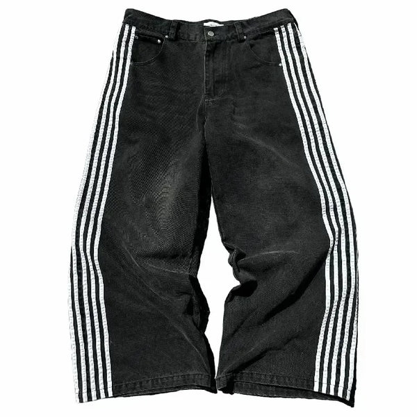 Y2K Black & White Striped Baggy Jeans     - VONVEX