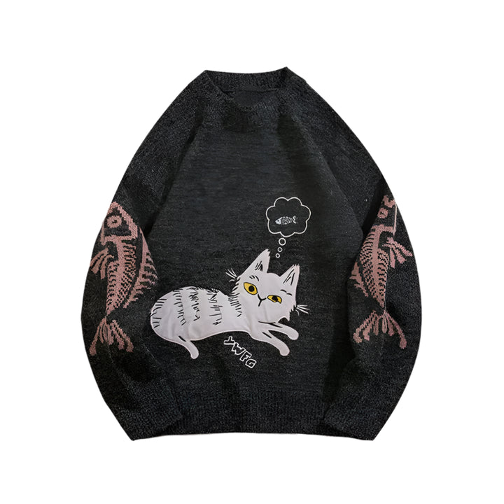 Y2k Street Cute Cat Knitted Sweater black M - VONVEX