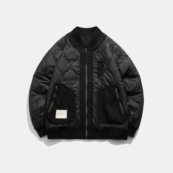 Retro Patched Zip-up Puffer Jacket  Black M  - VONVEX