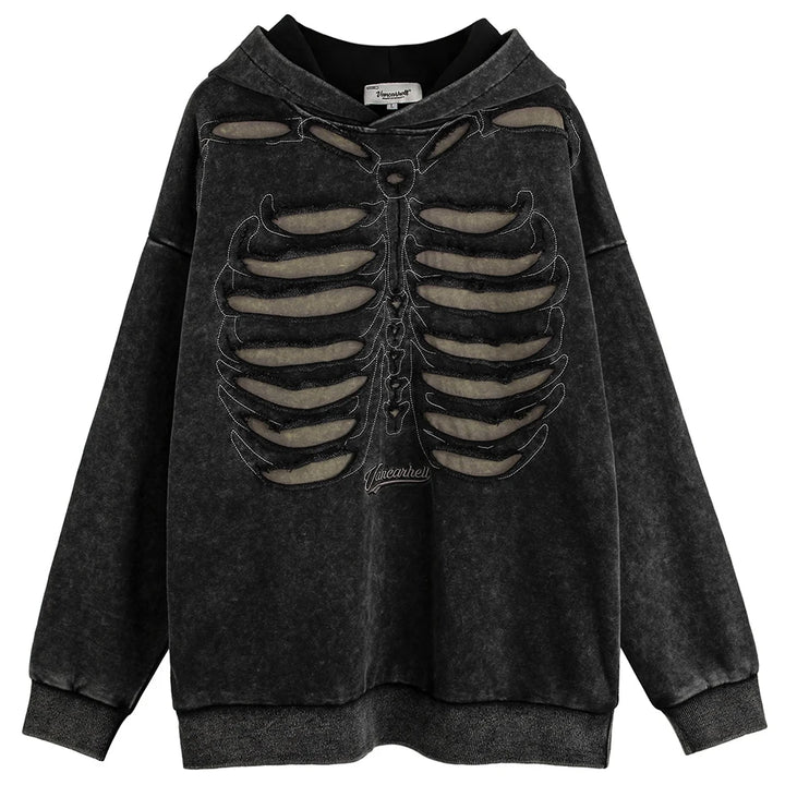 Vancarhell Skeleton Ribcage Acid Wash Hoodie  black M  - VONVEX