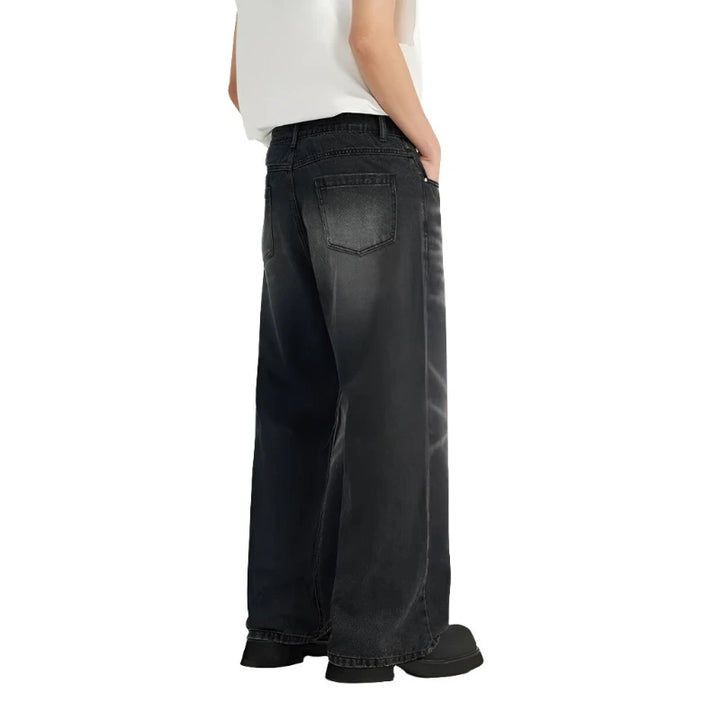 Retro Washed Black Ripped Wide-Leg Jeans     - VONVEX