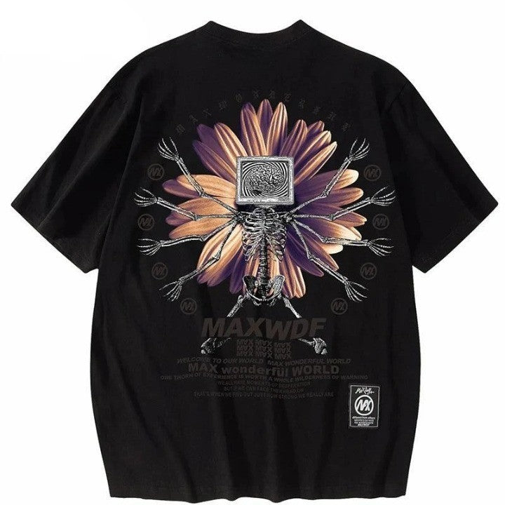 Skeleton Flower Printed Oversize T-Shirt     - VONVEX