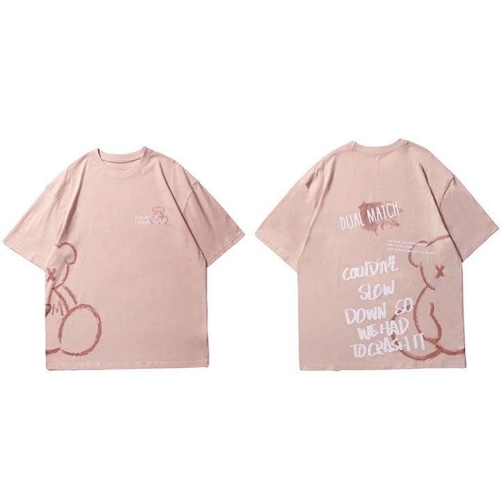 Bear Letter Printed T Shirt  Pink S  - VONVEX