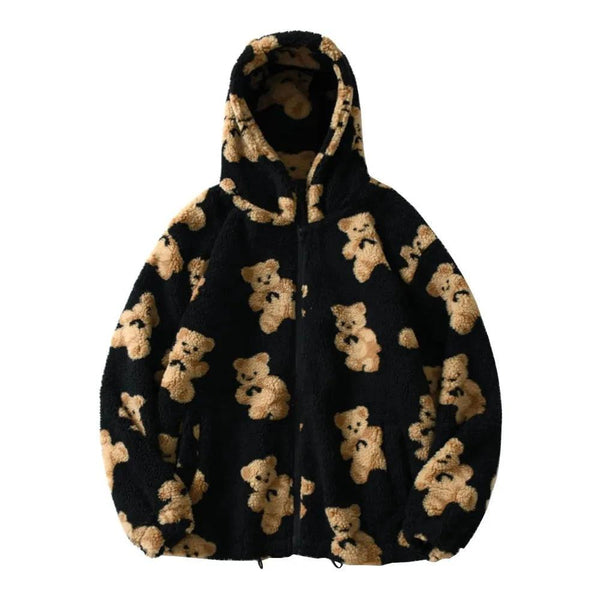 Bear Print Fleece Hooded Jacket - VONVEX