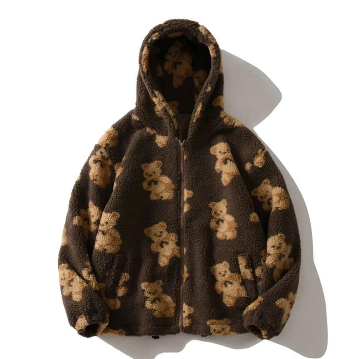 Bear Print Fleece Hooded Jacket - VONVEX