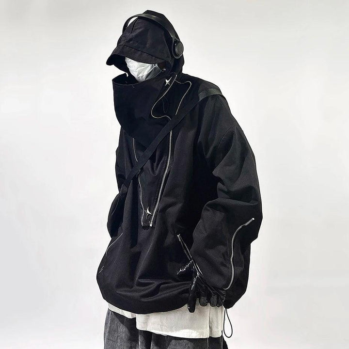 Cyberpunk Functional Turtleneck Zip Hoodie  Black XL  - VONVEX