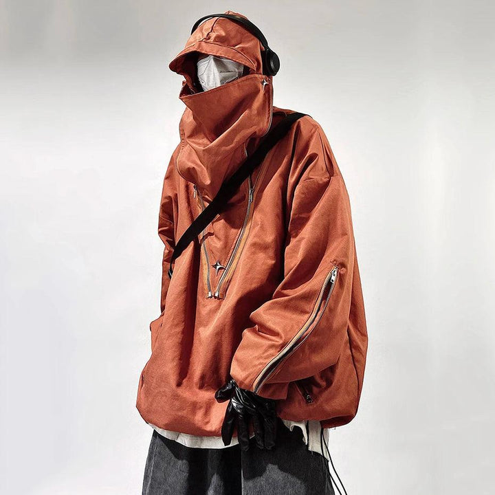 Cyberpunk Functional Turtleneck Zip Hoodie  Orange-Red M  - VONVEX