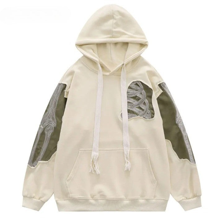 Y2K Skeleton Bones 3D Patchwork Hoodie  Beige S  - VONVEX