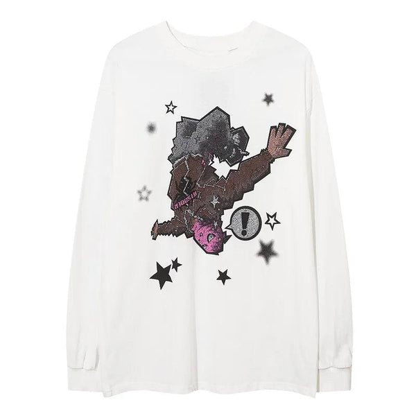 Falling Stars Loose Long-Sleeved T-Shirt  White L  - VONVEX