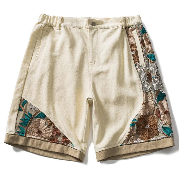 Flower Embroidery Patchwork Short  Beige M  - VONVEX