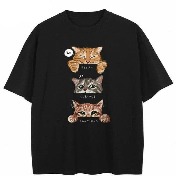 Funny Cartoon Cat Graphic T-Shirt  Black S  - VONVEX