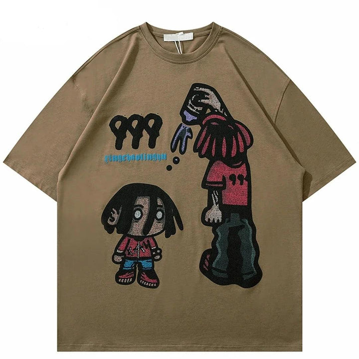 Funny Cartoon Printed Oversized T-Shirt  Khaki S  - VONVEX