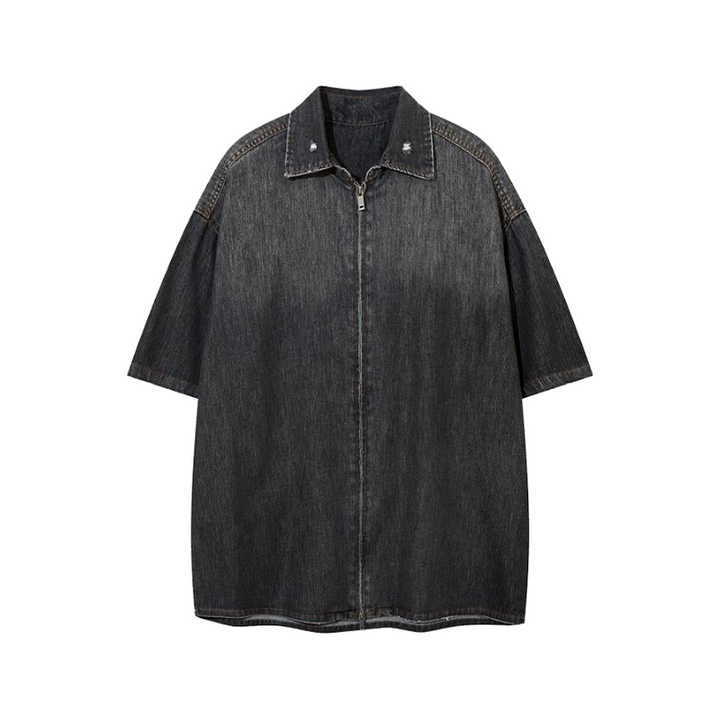 Gradient Denim Zipper Shirt     - VONVEX