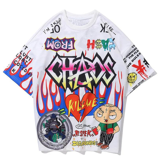 Graffiti Cartoon Printed T-Shirt     - VONVEX