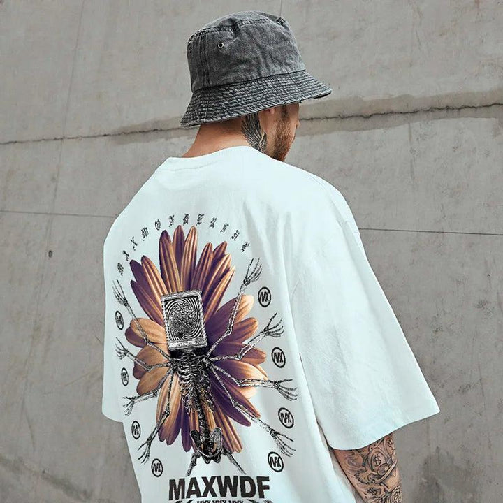 Skeleton Flower Printed Oversize T-Shirt     - VONVEX