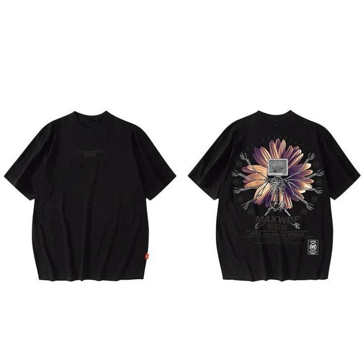 Skeleton Flower Printed Oversize T-Shirt  Black M  - VONVEX