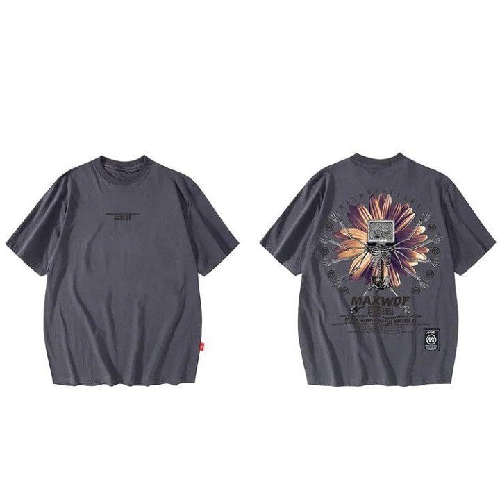 Skeleton Flower Printed Oversize T-Shirt  Gray M  - VONVEX