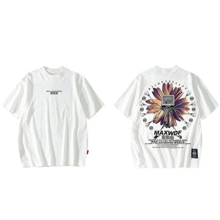 Skeleton Flower Printed Oversize T-Shirt  White M  - VONVEX