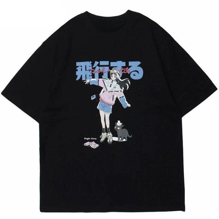 Japanese Cartoon Girl Cat Print T-Shirt     - VONVEX