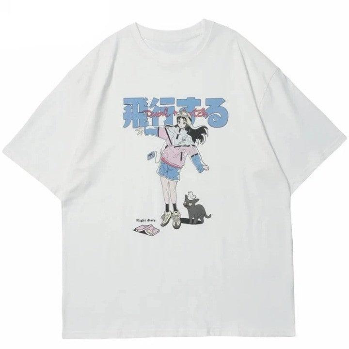 Japanese Cartoon Girl Cat Print T-Shirt     - VONVEX