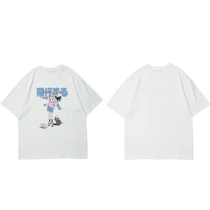 Japanese Cartoon Girl Cat Print T-Shirt     - VONVEX