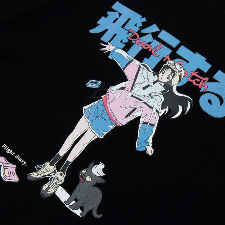 Japanese Cartoon Girl Cat Print T-Shirt     - VONVEX