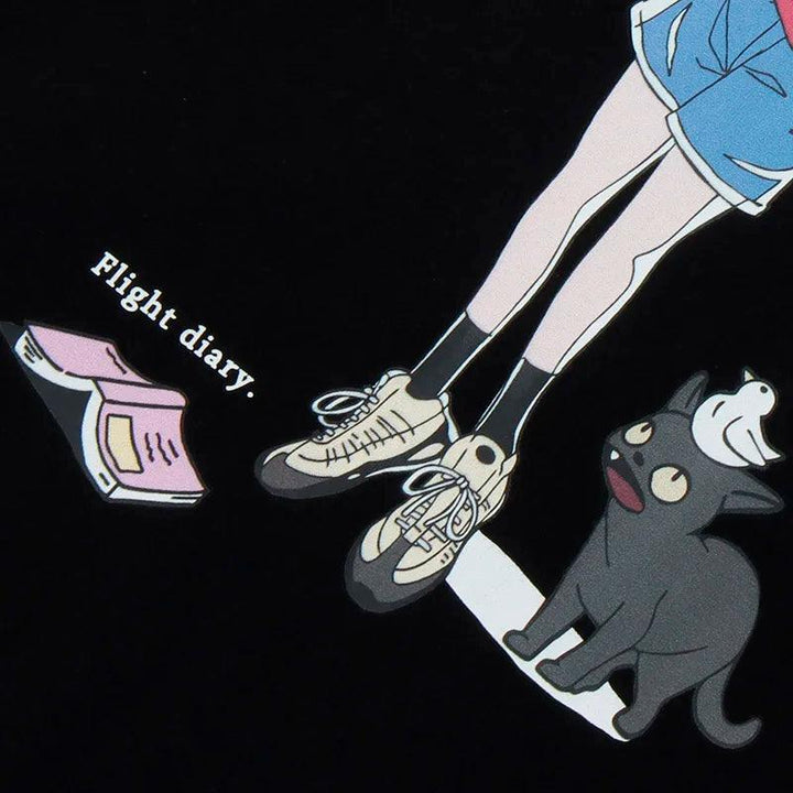 Japanese Cartoon Girl Cat Print T-Shirt     - VONVEX