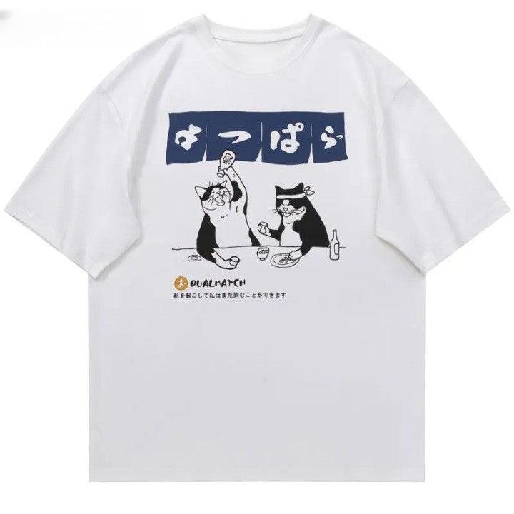 Japanese Cat Graphic Print T-Shirt - VONVEX