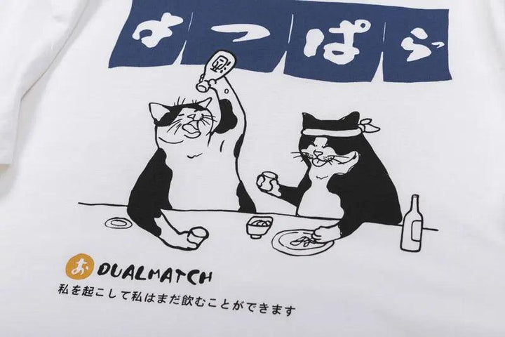 Japanese Cat Graphic Print T-Shirt - VONVEX