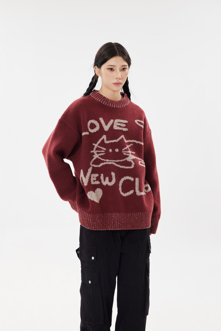 Knitted Love Cat Loose Sweater     - VONVEX