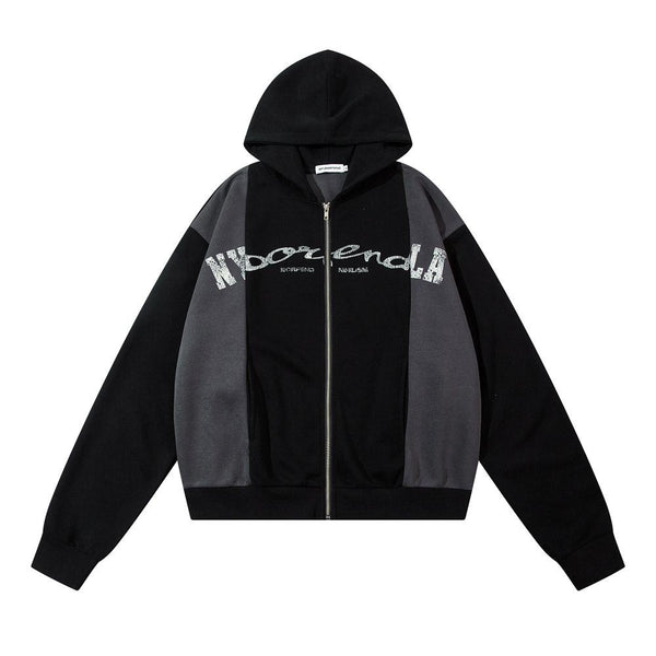 Contrast Color Zipper Hoodie  Black S  - VONVEX