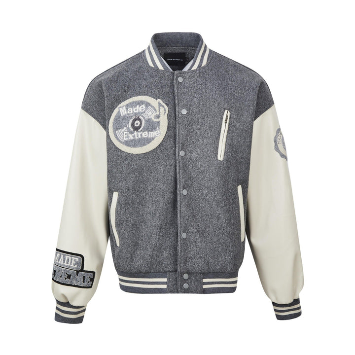 Music Label Leather Sleeve Baseball Jacket     - VONVEX