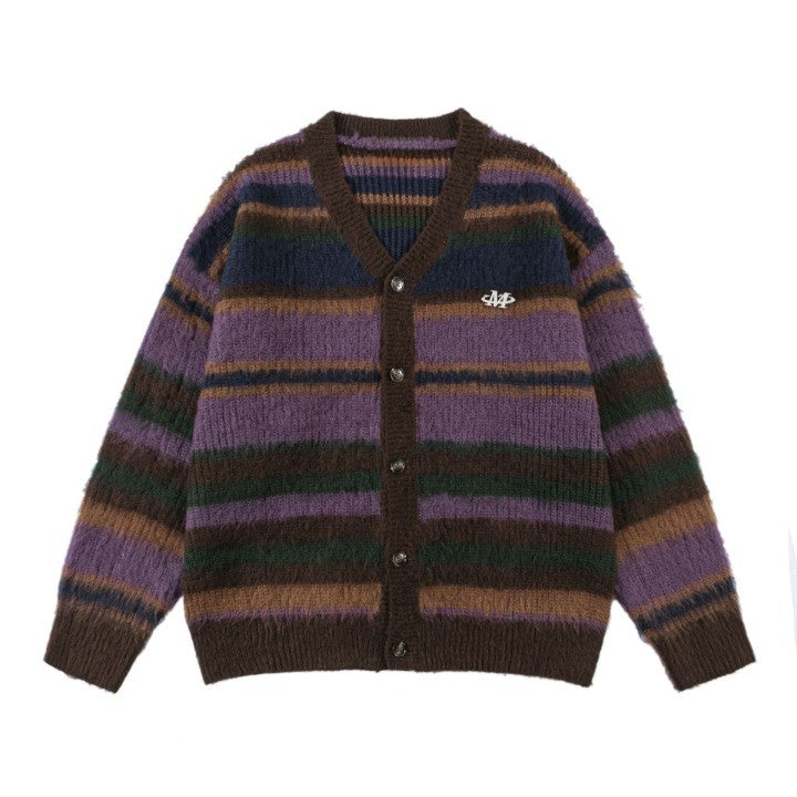 Striped Knitted Rainbow Cardigan     - VONVEX