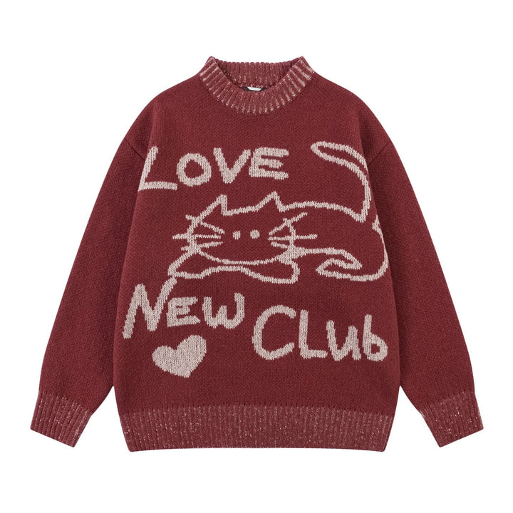 Knitted Love Cat Loose Sweater  Red M  - VONVEX