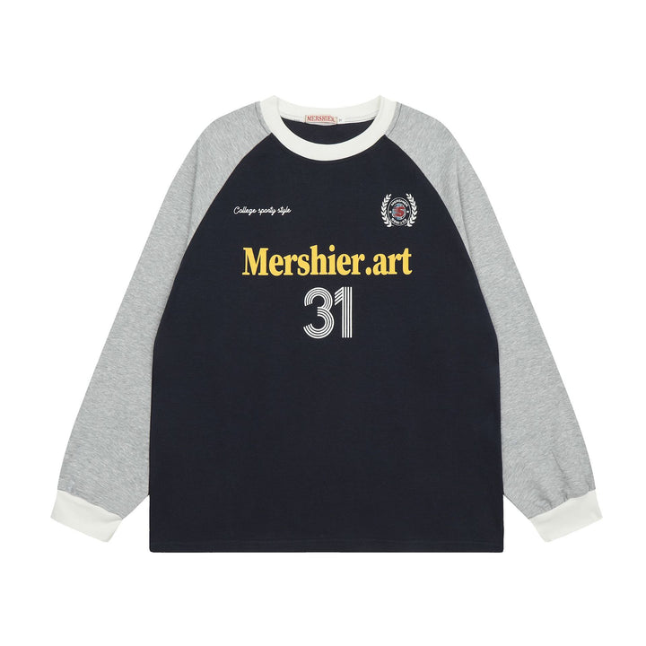 Dual-Tone Sporty Jersey Sweater  Navy Blue With Flower Grey M  - VONVEX