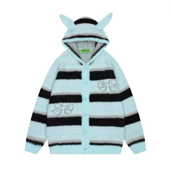 Cat Ears Ribbon Hooded Cardigan  Blue S  - VONVEX