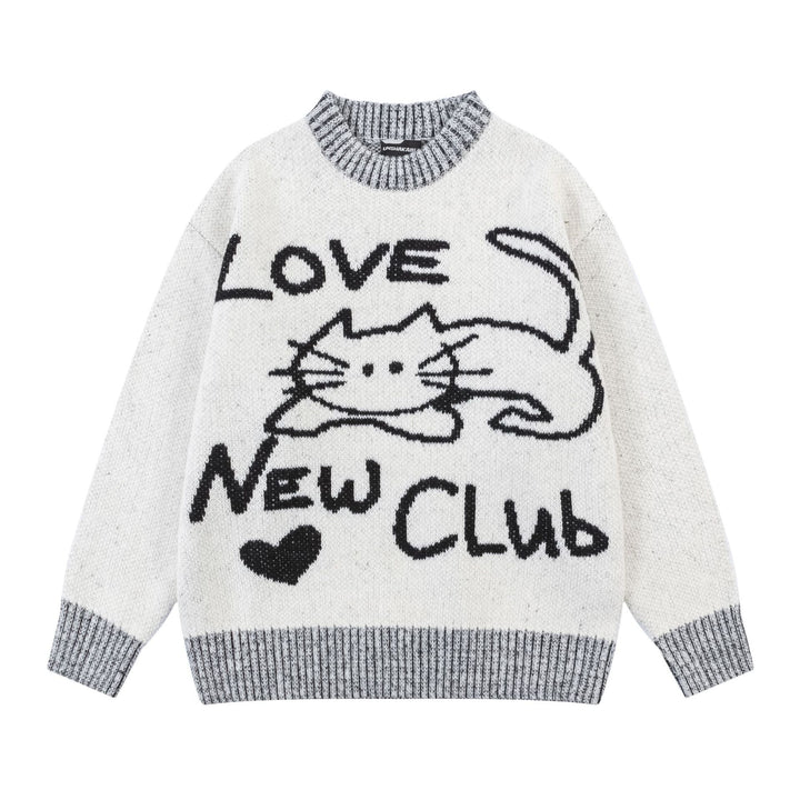 Knitted Love Cat Loose Sweater  White M  - VONVEX