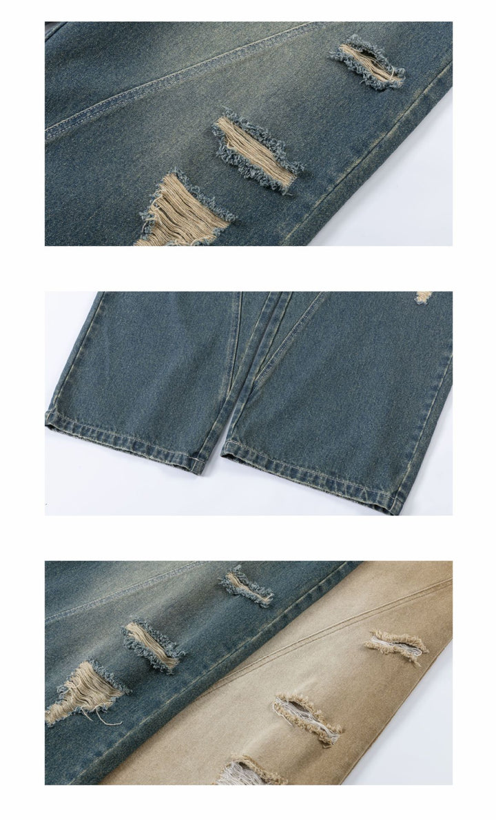 Washed Ripped Vintage Loose Jeans     - VONVEX