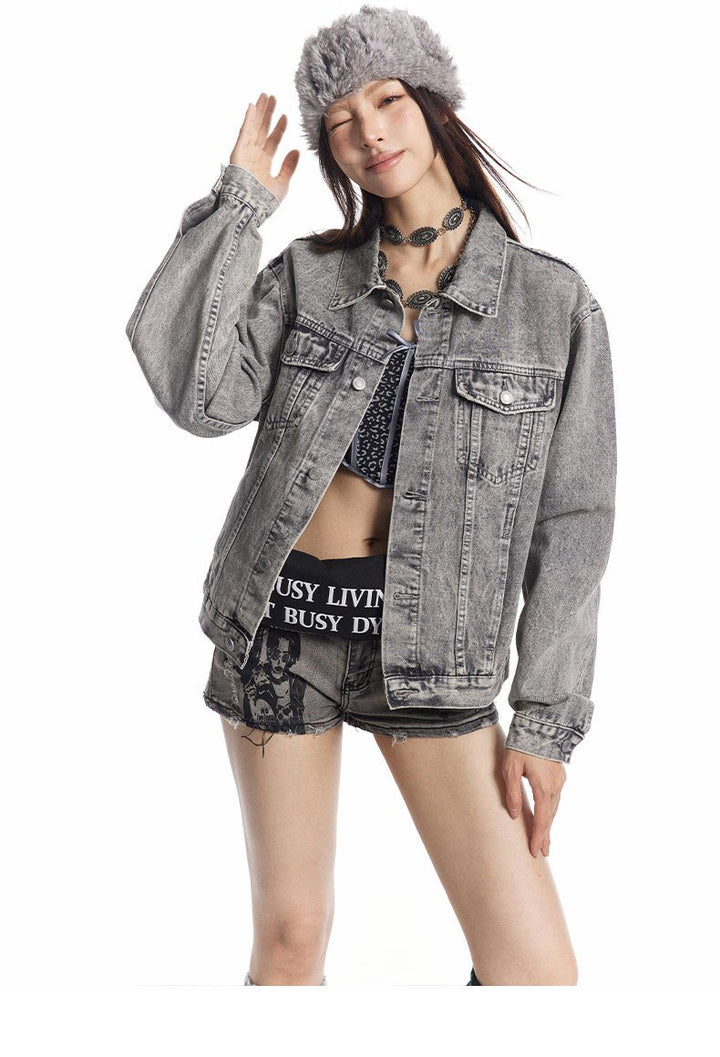 Autumn Winter Retro Washed Denim Jacket     - VONVEX