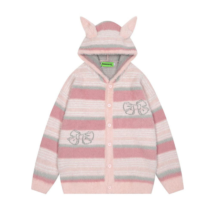 Cat Ears Ribbon Hooded Cardigan  Pink S  - VONVEX