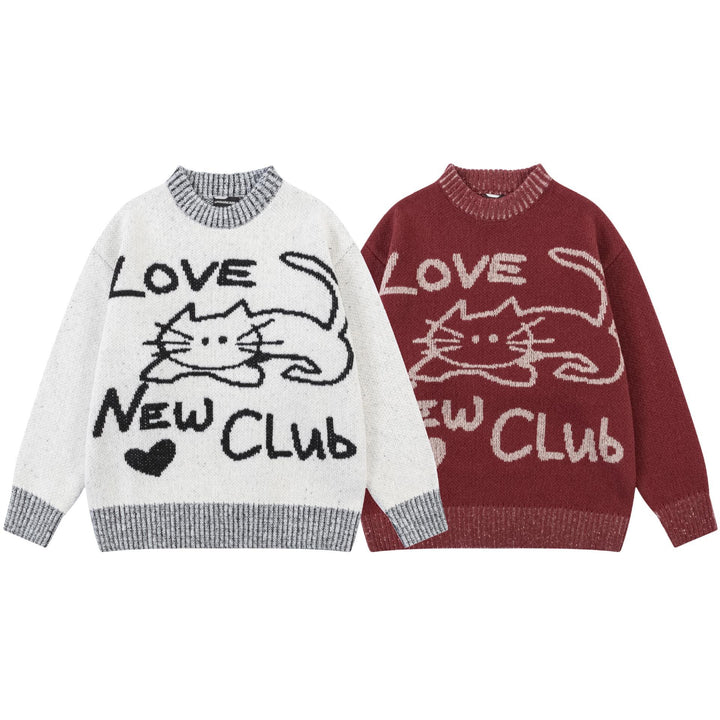 Knitted Love Cat Loose Sweater     - VONVEX