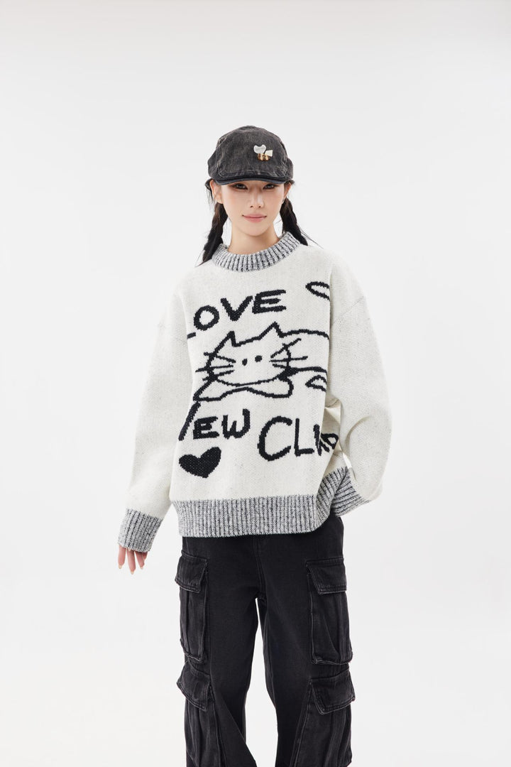 Knitted Love Cat Loose Sweater     - VONVEX