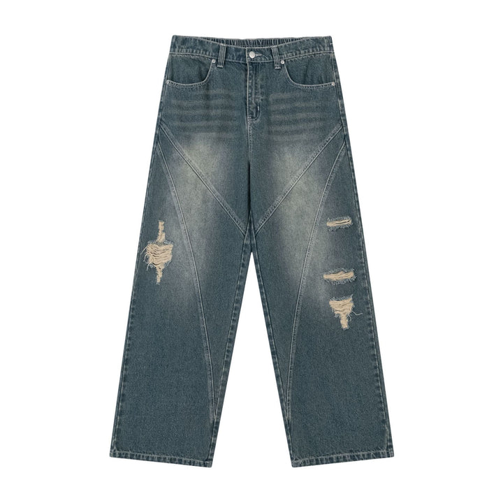 Washed Ripped Vintage Loose Jeans     - VONVEX